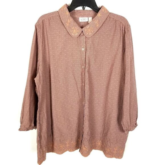 Logo Tops - LOGO Women Blouse‎ Top Size XL Button Up Dusty Rose Pink  Pockets Boho Cottage